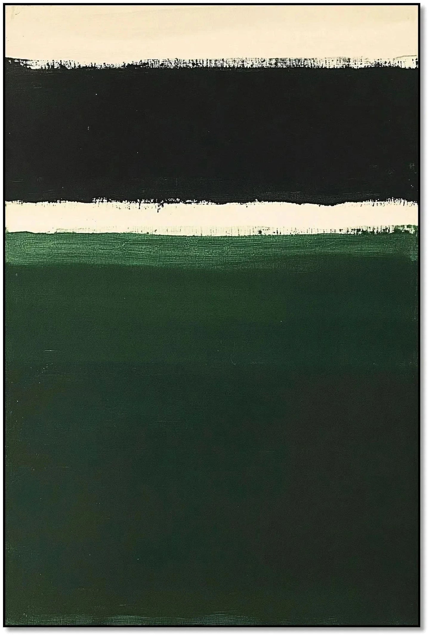 Peinture minimaliste avec des bandes de couleurs noires, blanches et vertes, idéale pour un salon ou une chambre moderne.