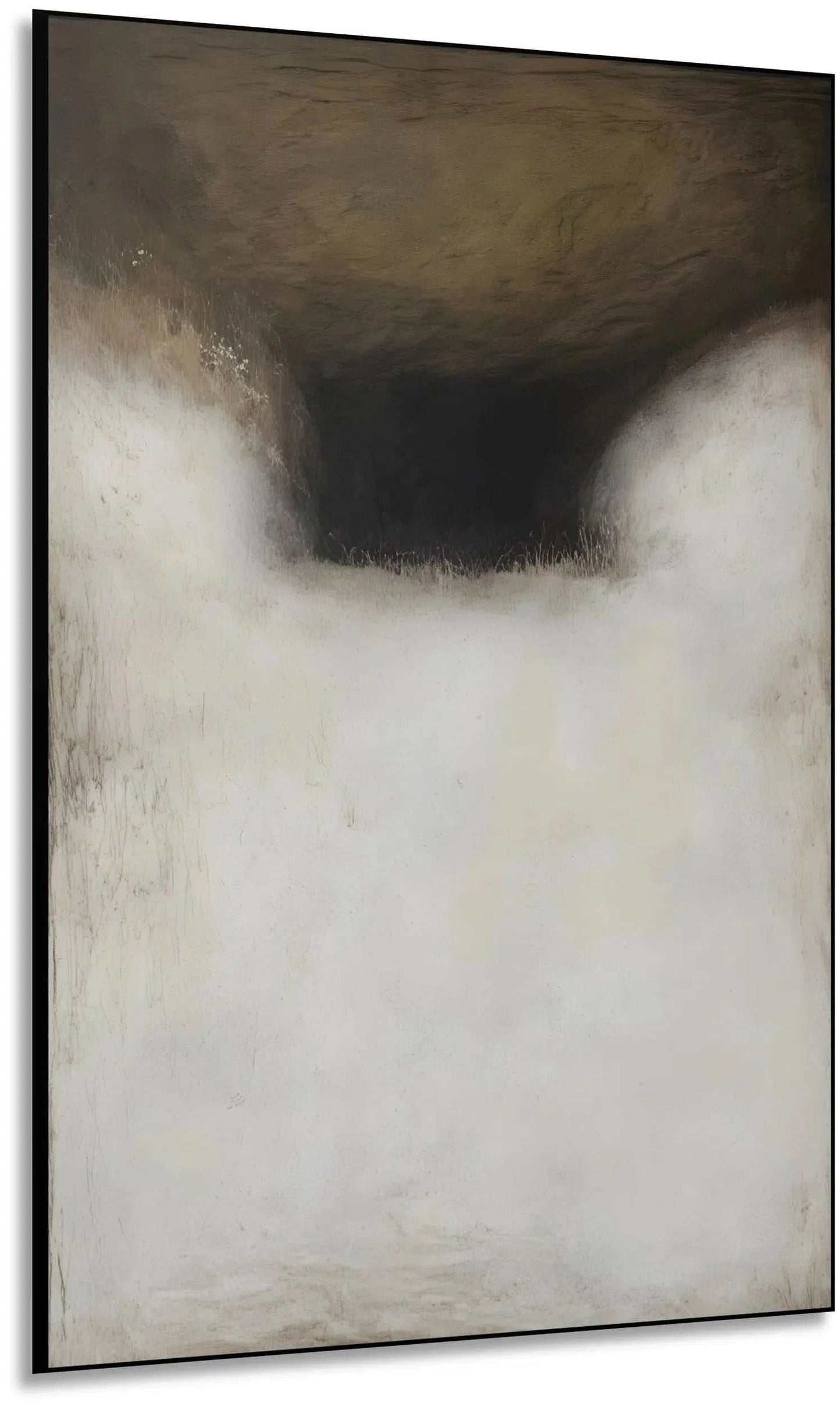 Tableau abstrait en tons beige et brun avec ombres profondes. Atmosphère mystique, idéal pour un salon moderne.