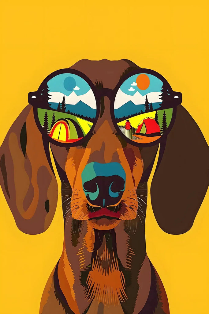 Illustration moderne d'un chien portant des lunettes reflétant un paysage de montagne et de camping, avec un fond jaune éclatant.