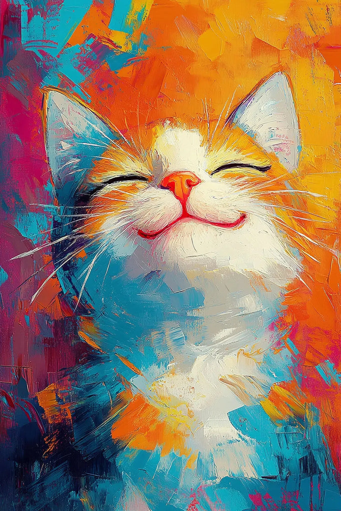 Peinture expressive d’un chat souriant, aux couleurs vives d’orange et de bleu, créant une atmosphère chaleureuse et joyeuse.