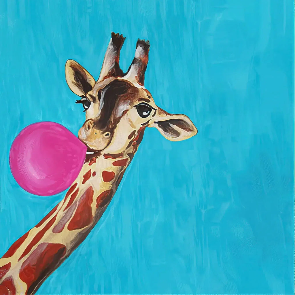 Illustration ludique d’une girafe mâchant un chewing-gum rose, sur un fond bleu vif, parfaite pour une chambre d’enfant.