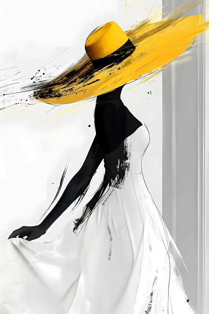 Illustration élégante d’une femme en robe blanche avec un chapeau jaune vif, dans un style artistique moderne et dynamique.