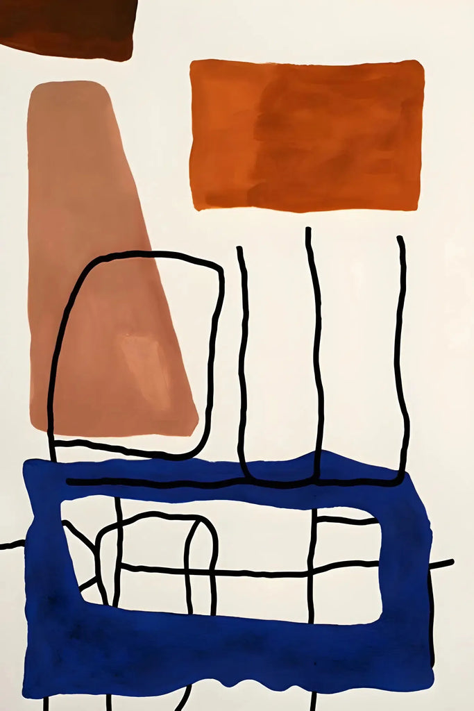 Peinture abstraite aux formes géométriques en bleu, orange et noir, avec des lignes minimalistes et contrastées.