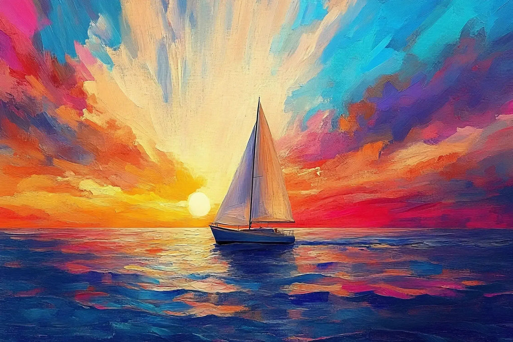 Peinture impressionniste d’un voilier sur la mer au coucher du soleil, avec des couleurs vibrantes et un ciel lumineux.