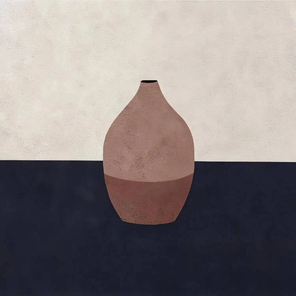 Illustration minimaliste d’un vase en terre cuite sur un fond texturé, avec une palette de couleurs sobres et naturelles. 