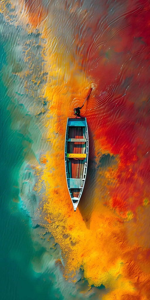 Photographie aérienne d’un bateau naviguant sur une mer aux couleurs éclatantes, entre nuances de bleu, orange et rouge.