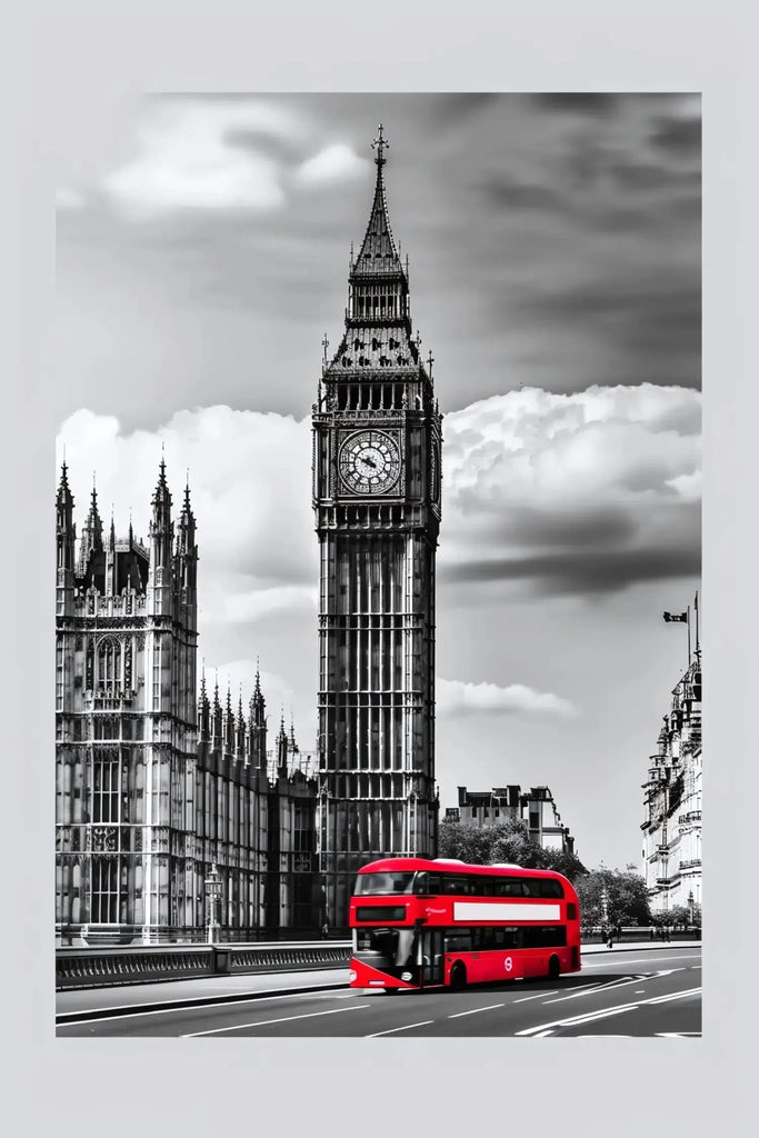 Collection Ville : photographie en noir et blanc de Big Ben avec un bus rouge, représentant l'architecture emblématique de Londres