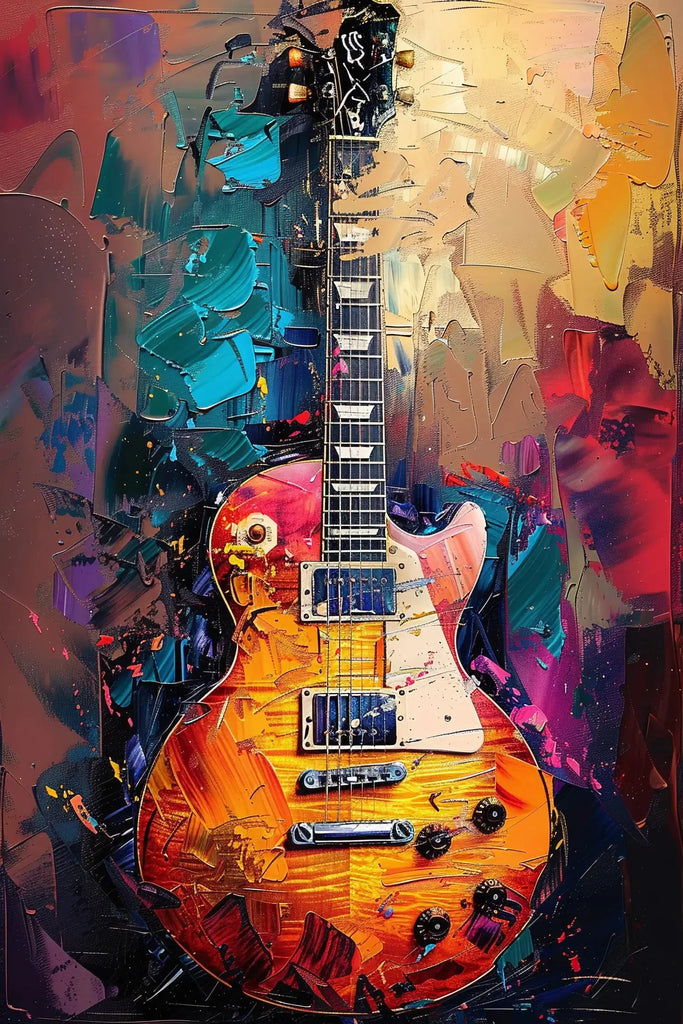 Collection Vitalité : peinture vibrante d'une guitare électrique avec des éclats de couleurs dynamiques, capturant l'énergie et la créativité