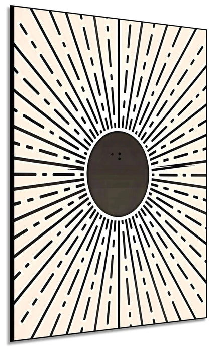 Motif géométrique rayonnant en noir et beige, centre noir profond, ambiance dynamique et mystérieuse pour salon ou bureau.