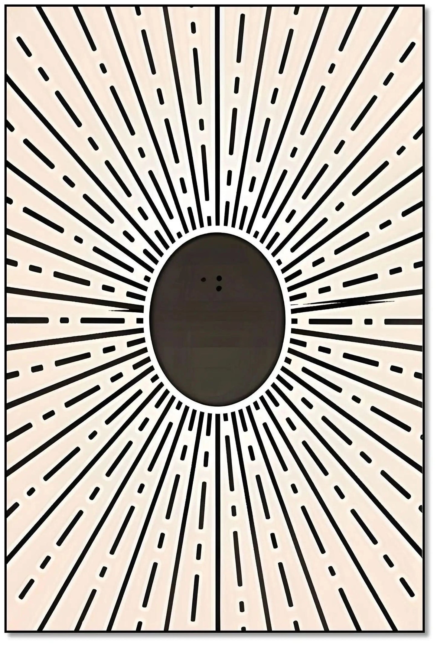 Motif géométrique rayonnant en noir et beige, centre noir profond, ambiance dynamique et mystérieuse pour salon ou bureau.