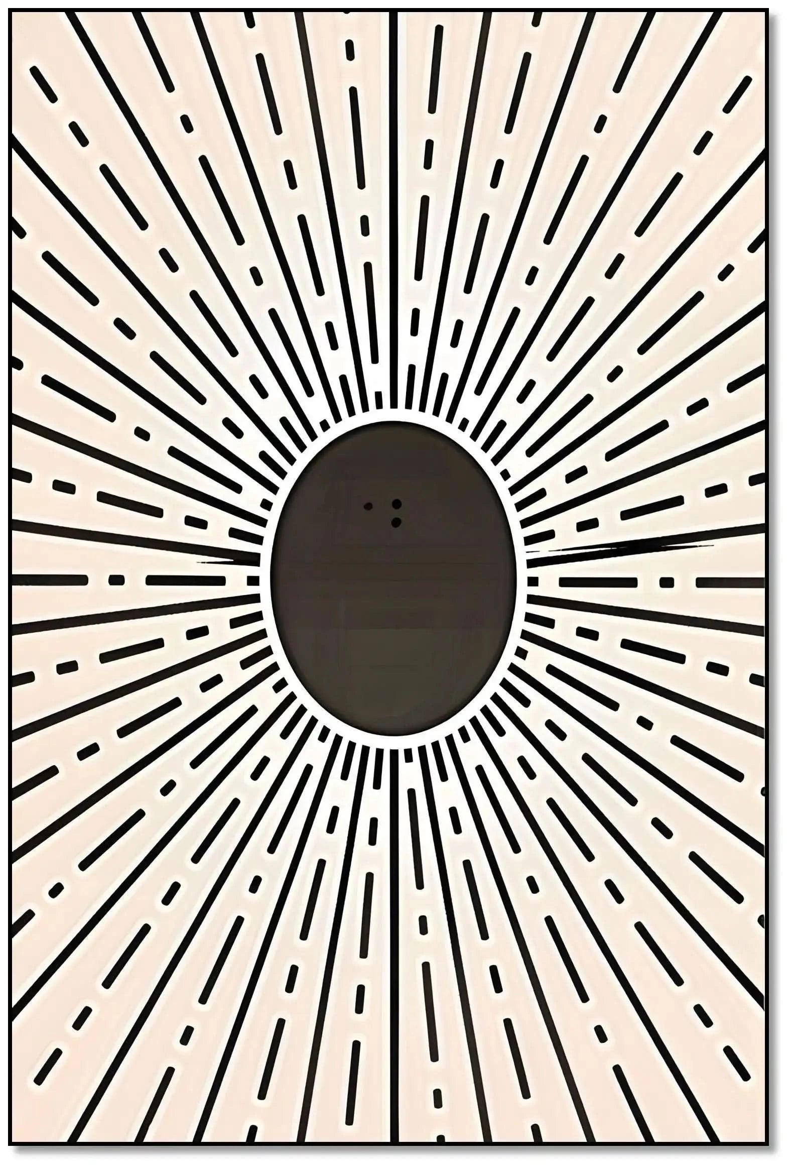 Motif géométrique rayonnant en noir et beige, centre noir profond, ambiance dynamique et mystérieuse pour salon ou bureau.