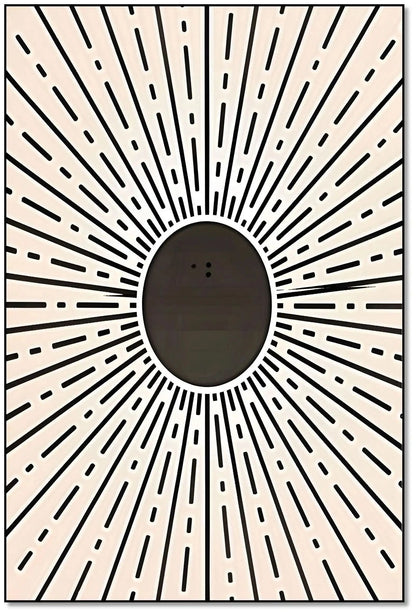 Motif géométrique rayonnant en noir et beige, centre noir profond, ambiance dynamique et mystérieuse pour salon ou bureau.