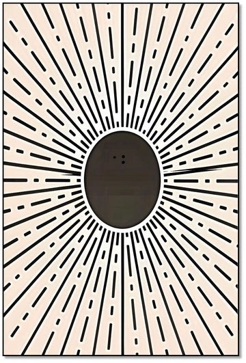 Motif géométrique rayonnant en noir et beige, centre noir profond, ambiance dynamique et mystérieuse pour salon ou bureau.