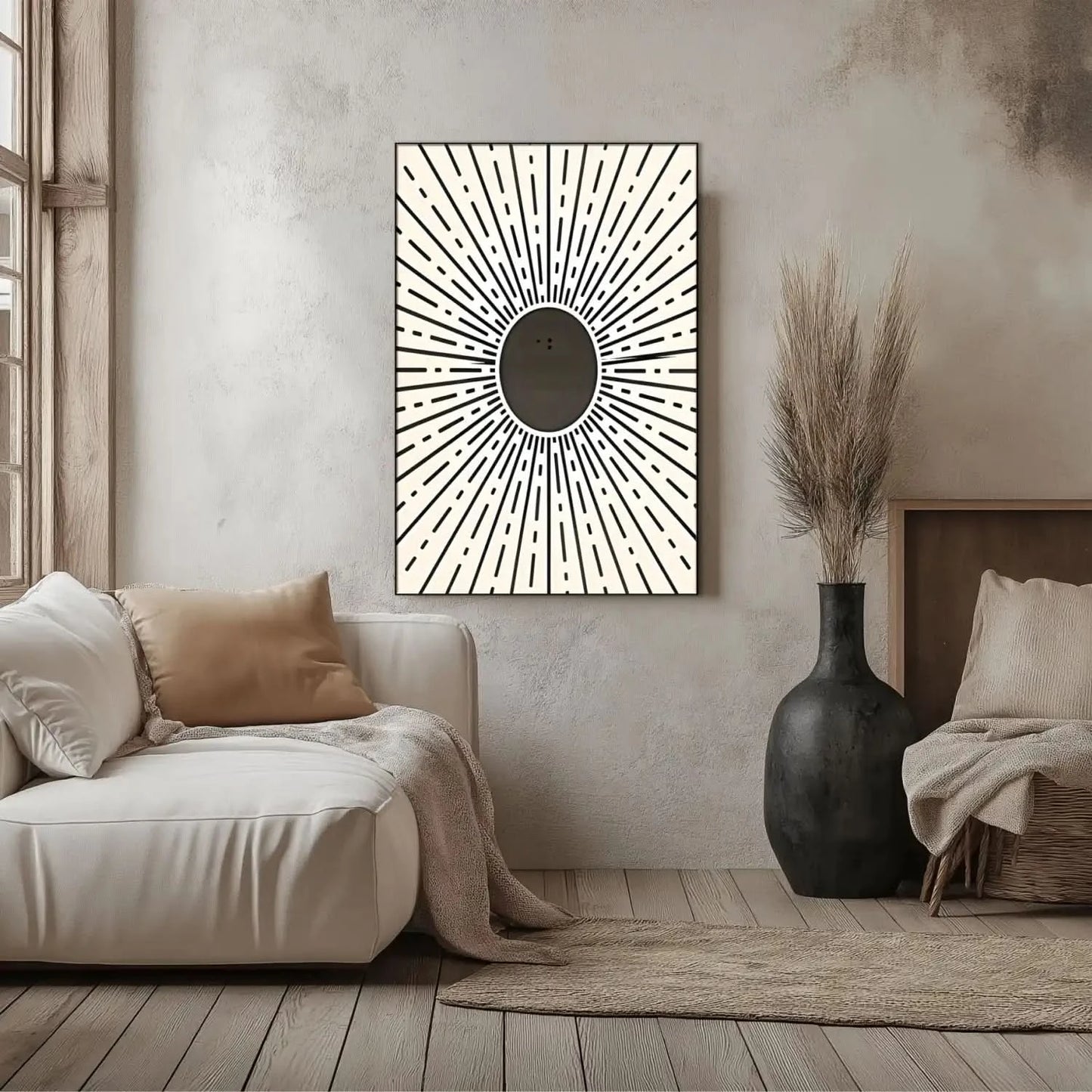 Motif géométrique rayonnant en noir et beige, centre noir profond, ambiance dynamique et mystérieuse pour salon ou bureau.