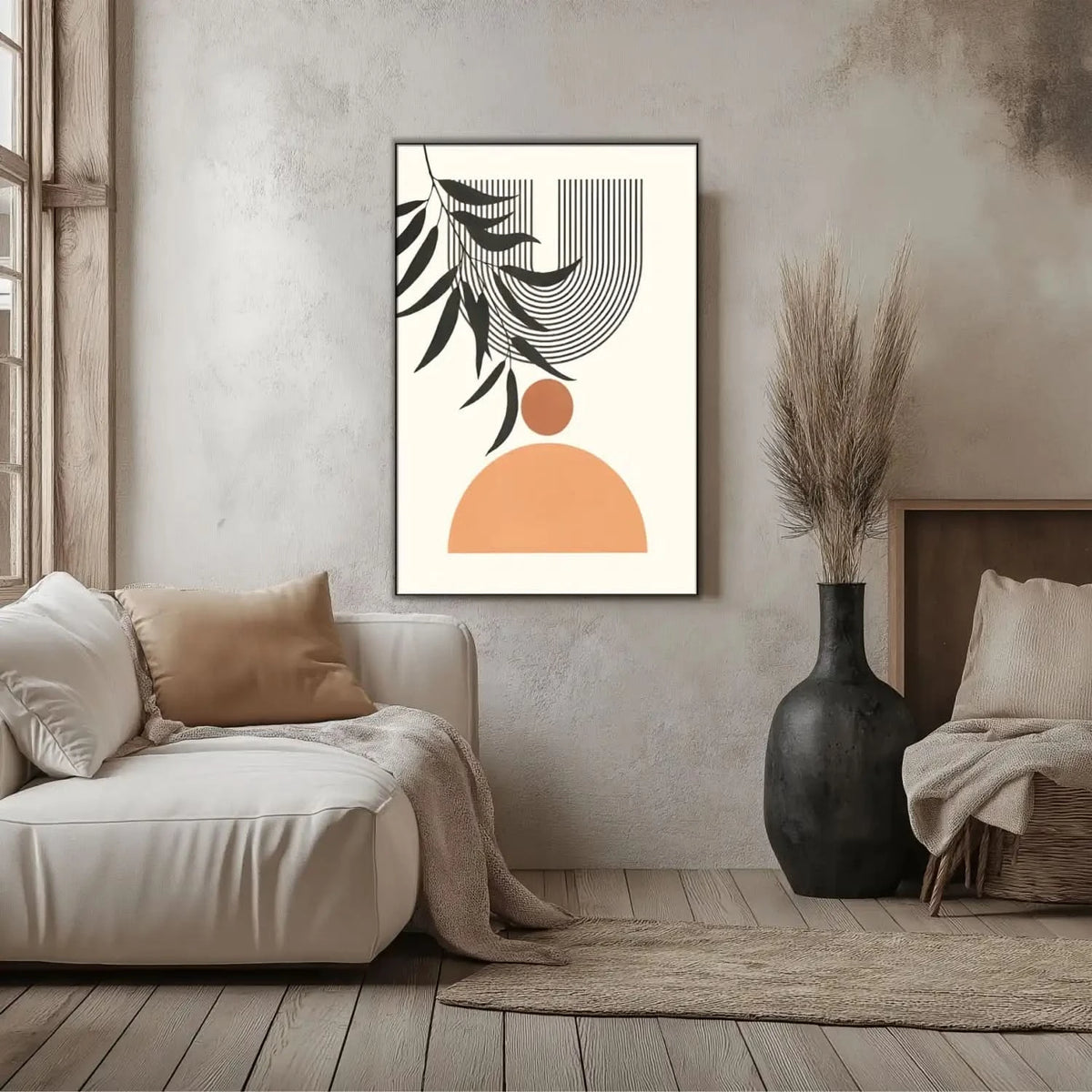 Oeuvre minimaliste avec formes géométriques, lignes noires et nuances terreuses, ambiance sereine pour salon moderne.