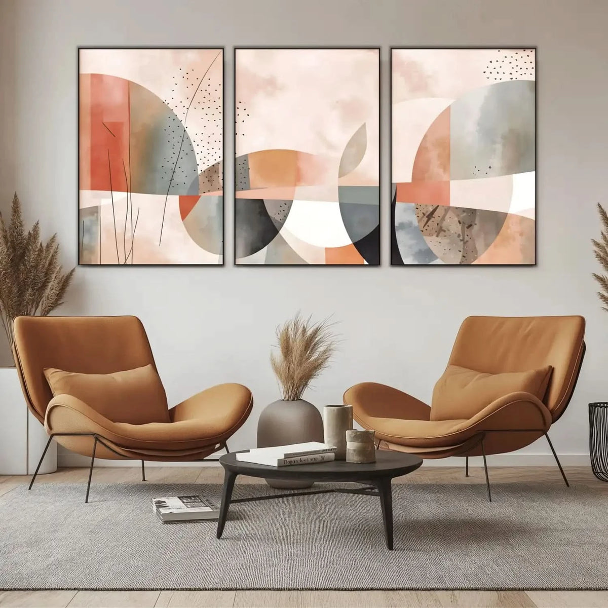 Tableau abstrait avec formes géométriques et teintes douces de beige, gris et rose, ambiance sereine pour salon ou bureau.