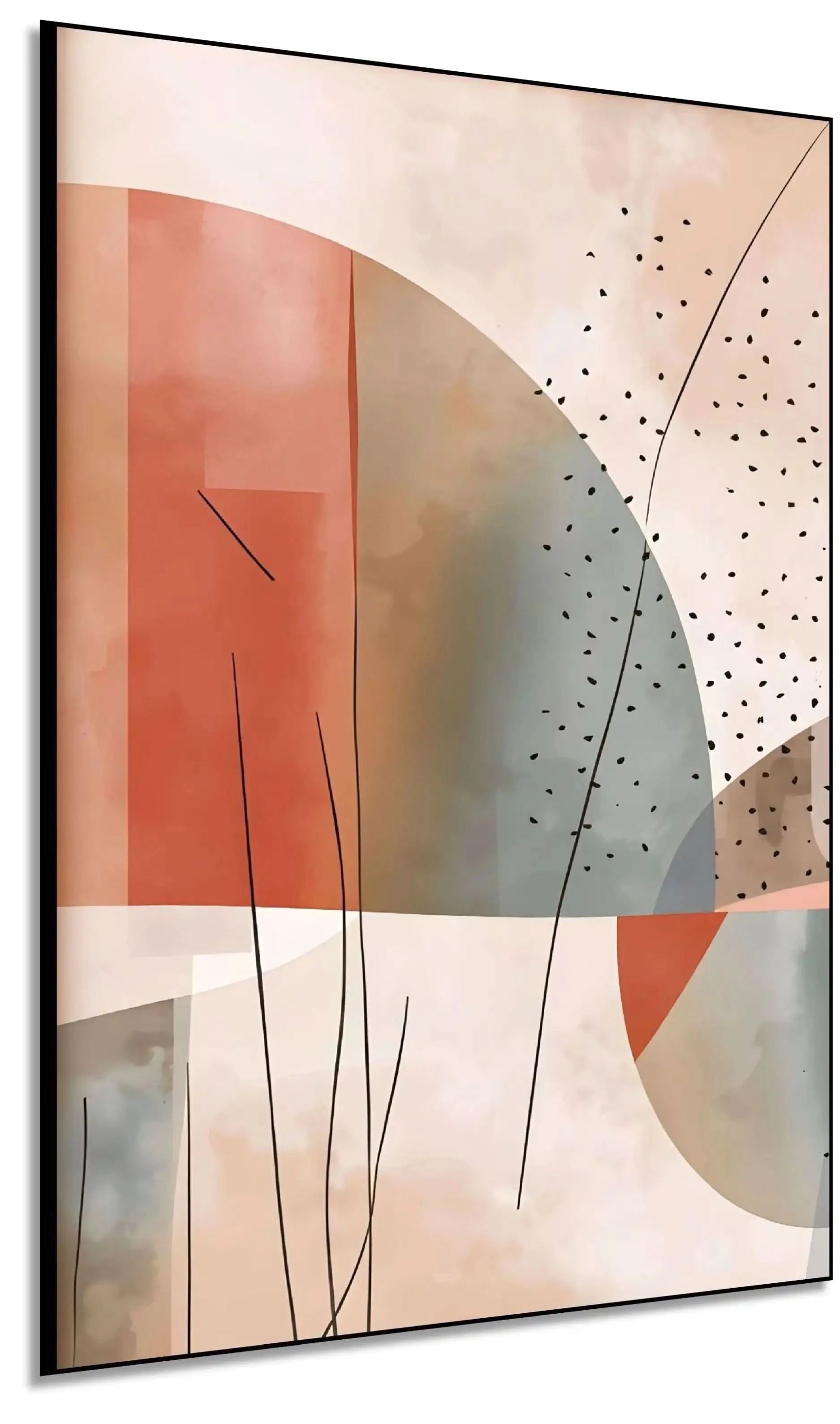 Peinture géométrique avec cercles et lignes, teintes beige et terracotta, ambiance sereine pour salon moderne.