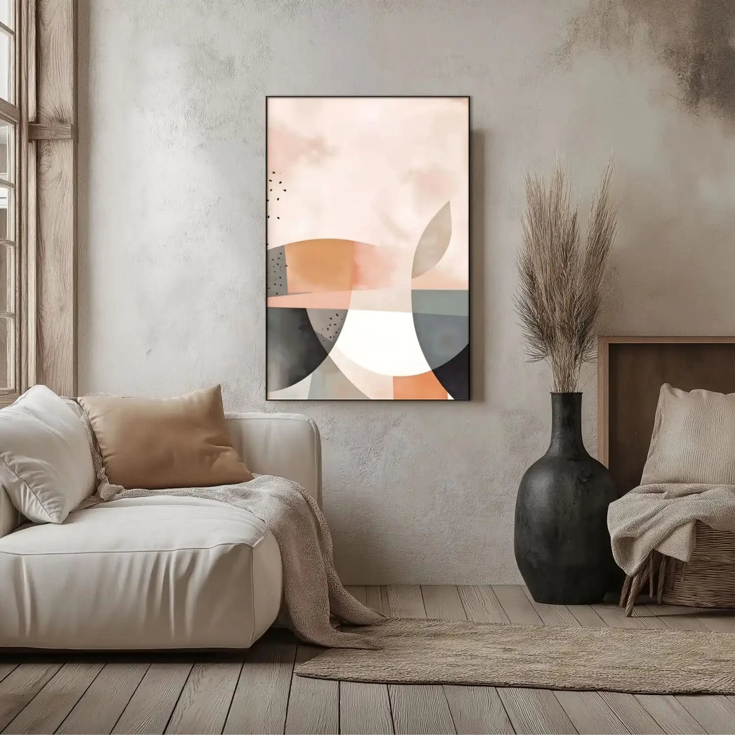 Tableau abstrait avec formes géométriques pastel, ambiance douce et apaisante pour salon ou chambre élégante.