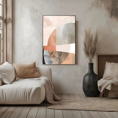 Tableau abstrait avec formes géométriques et teintes douces de beige, gris et rose, ambiance sereine pour salon ou bureau.