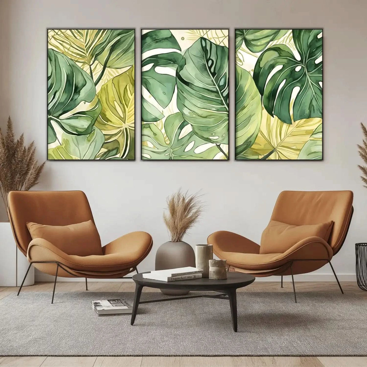 Toile avec feuilles tropicales vertes, ambiance naturelle et sereine, idéale pour salon ou chambre moderne.