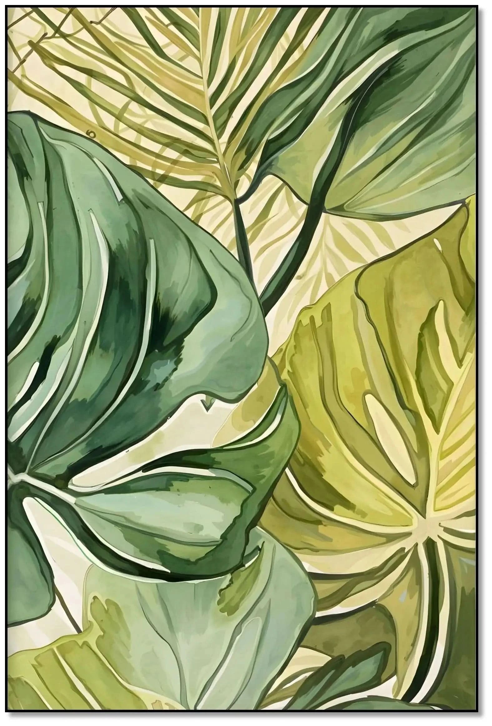 Peinture de feuilles tropicales aux nuances de vert et jaune, apportant une ambiance zen et naturelle à votre intérieur.