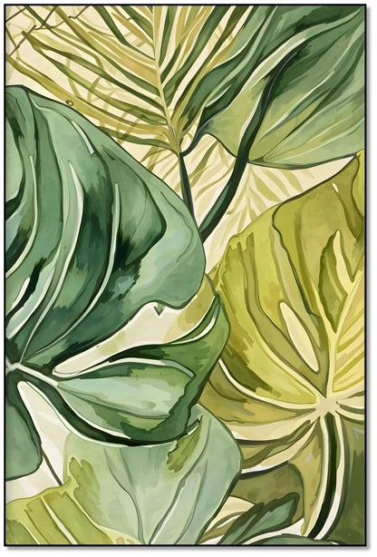 Peinture de feuilles tropicales aux nuances de vert et jaune, apportant une ambiance zen et naturelle à votre intérieur.