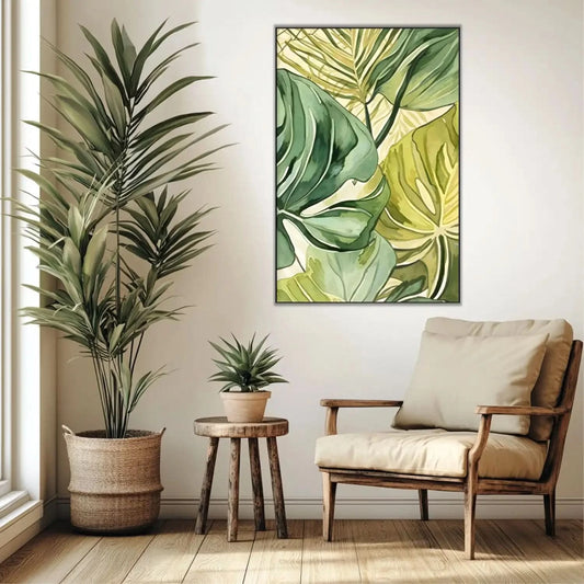 Peinture de feuilles tropicales aux nuances de vert et jaune, apportant une ambiance zen et naturelle à votre intérieur.