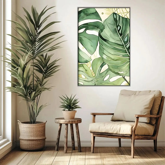 Tableau de feuilles tropicales aux nuances de vert, ambiance naturelle et apaisante pour salon ou chambre moderne.