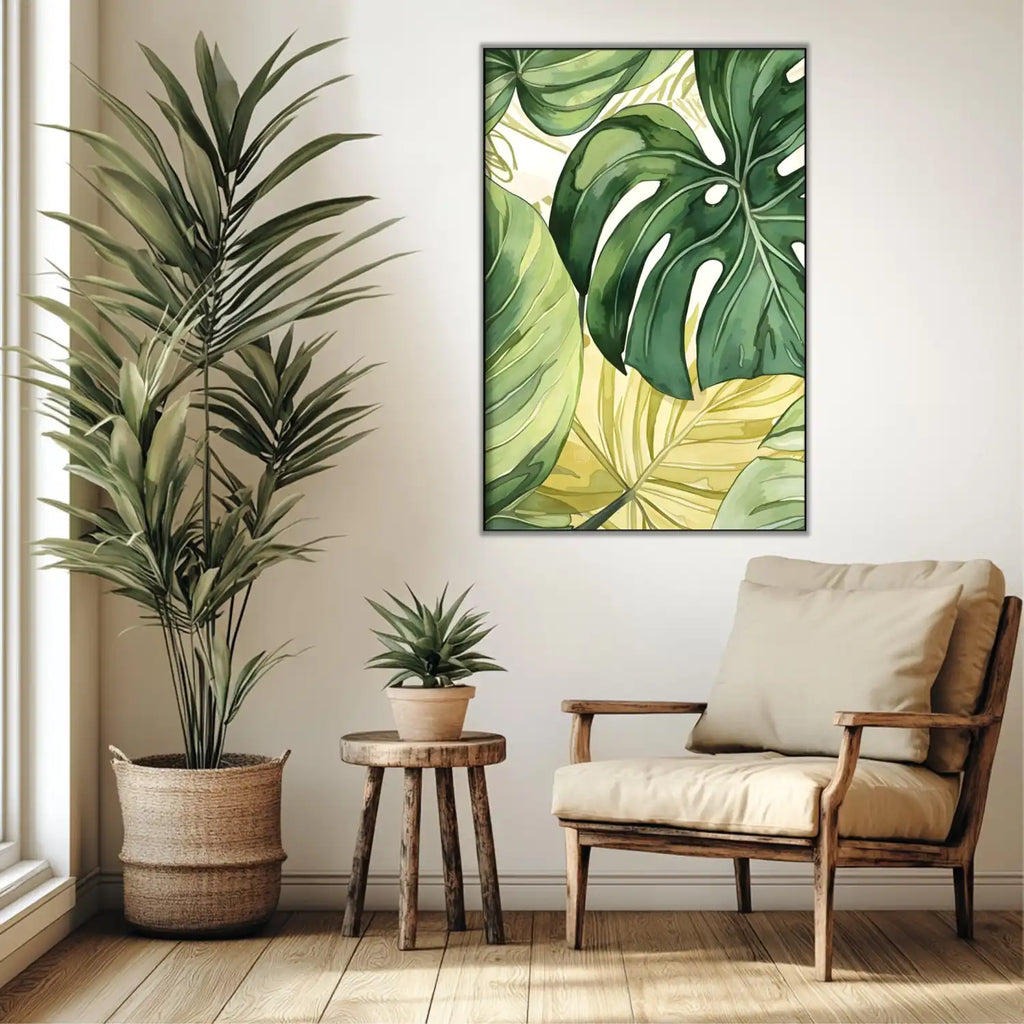 Toile avec feuilles tropicales vertes, ambiance naturelle et sereine, idéale pour salon ou chambre moderne.