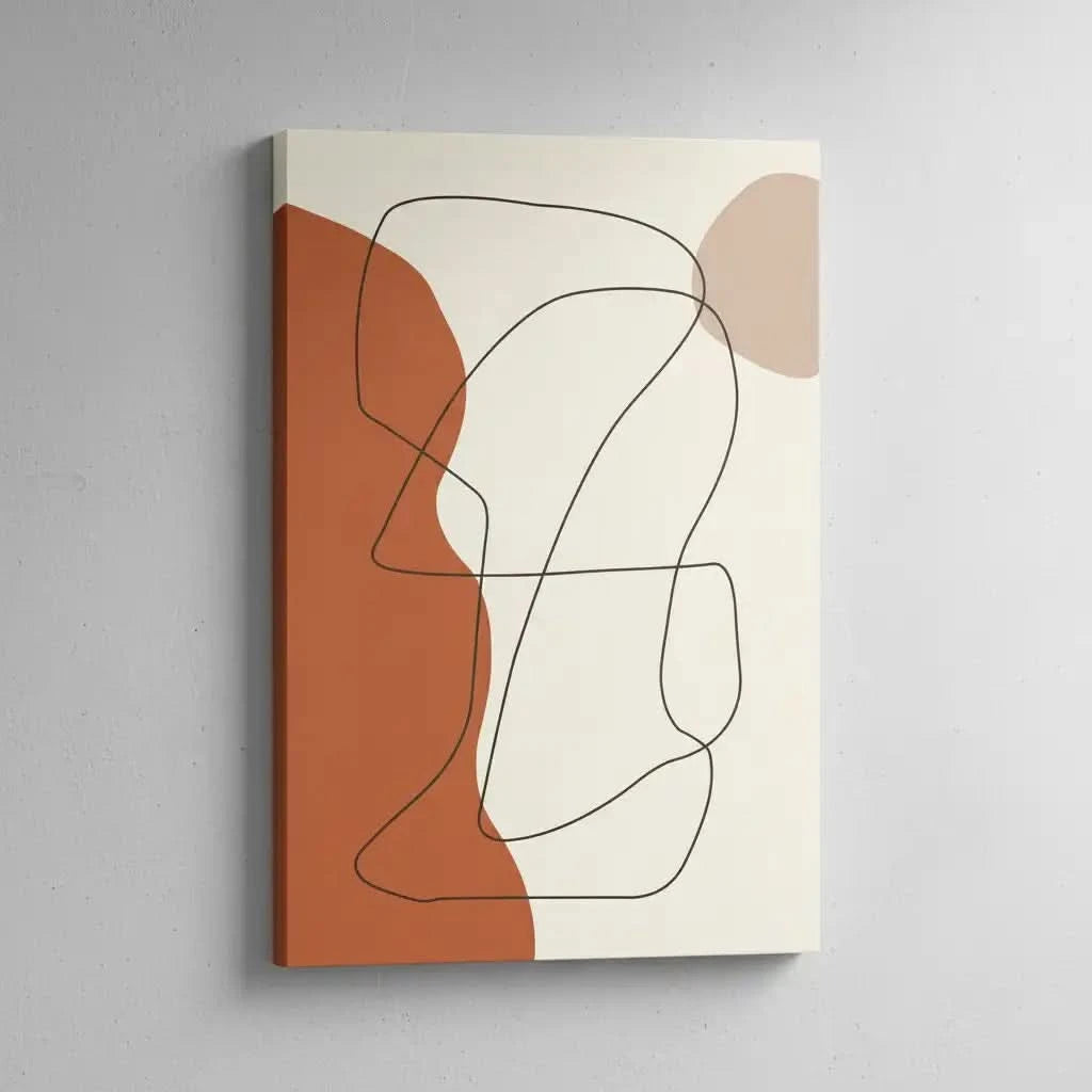 Oeuvre minimaliste avec lignes noires sinueuses et formes brunes sur fond beige, ambiance apaisante pour salon moderne.