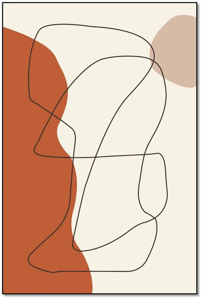 Œuvre minimaliste avec lignes noires sinueuses et formes brunes sur fond beige, ambiance apaisante pour salon moderne.