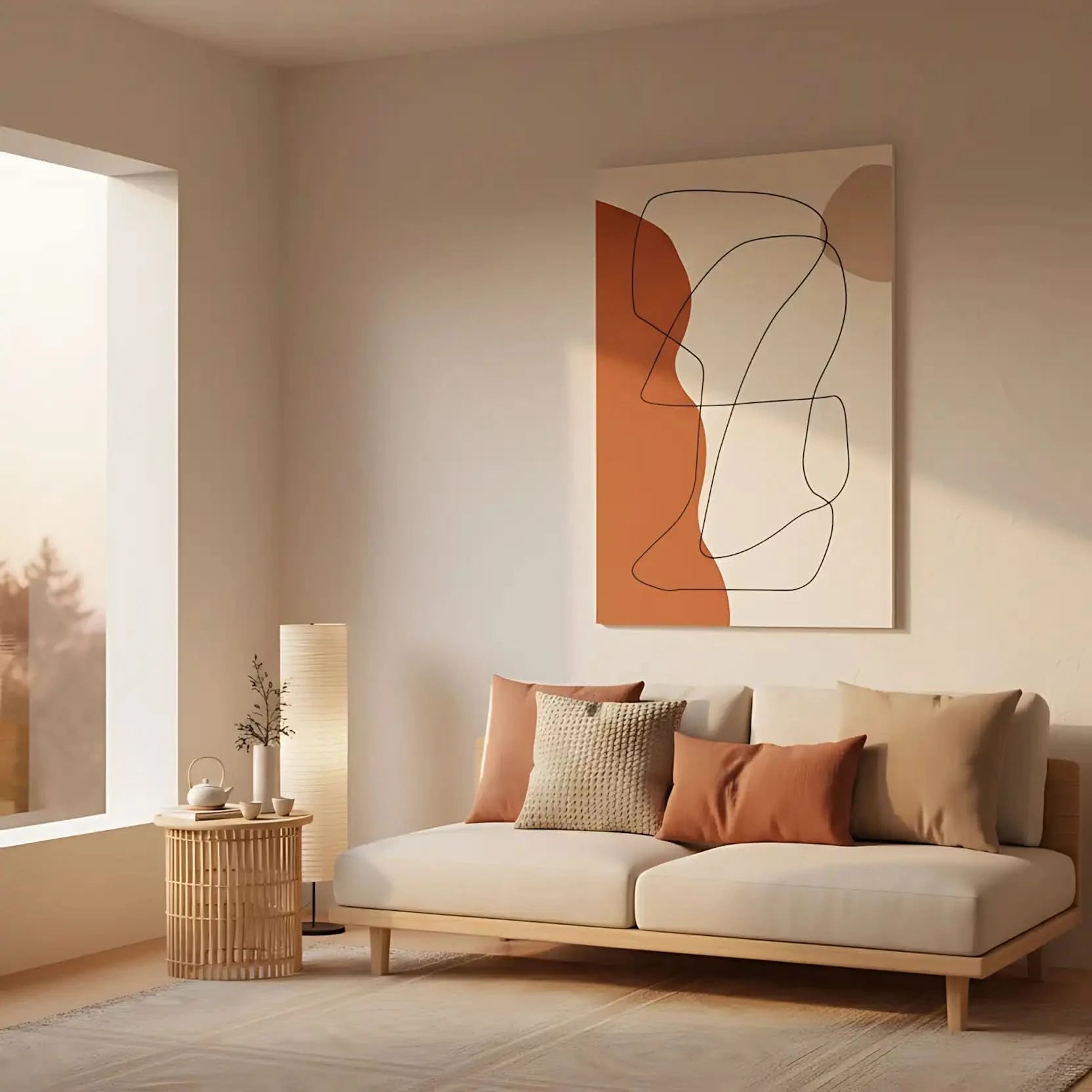 Oeuvre minimaliste avec lignes noires sinueuses et formes brunes sur fond beige, ambiance apaisante pour salon moderne.