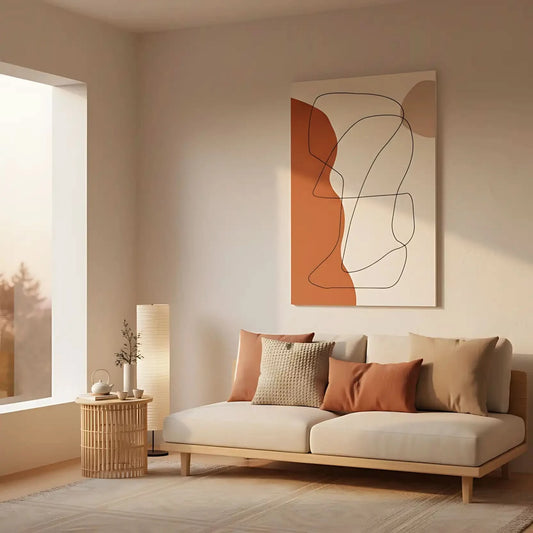 Oeuvre minimaliste avec lignes noires sinueuses et formes brunes sur fond beige, ambiance apaisante pour salon moderne.