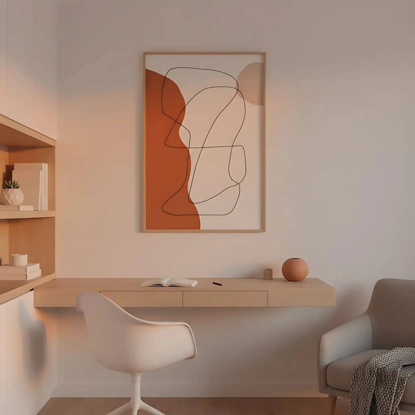 Oeuvre minimaliste avec lignes noires sinueuses et formes brunes sur fond beige, ambiance apaisante pour salon moderne.