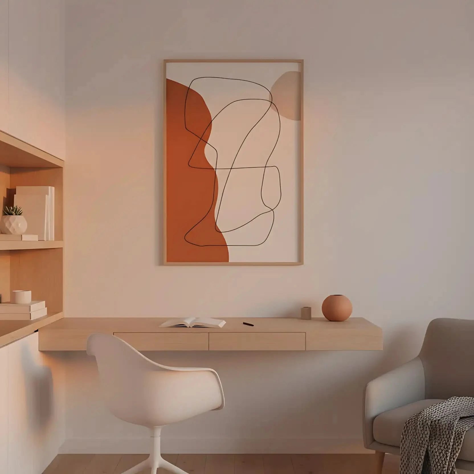 Oeuvre minimaliste avec lignes noires sinueuses et formes brunes sur fond beige, ambiance apaisante pour salon moderne.