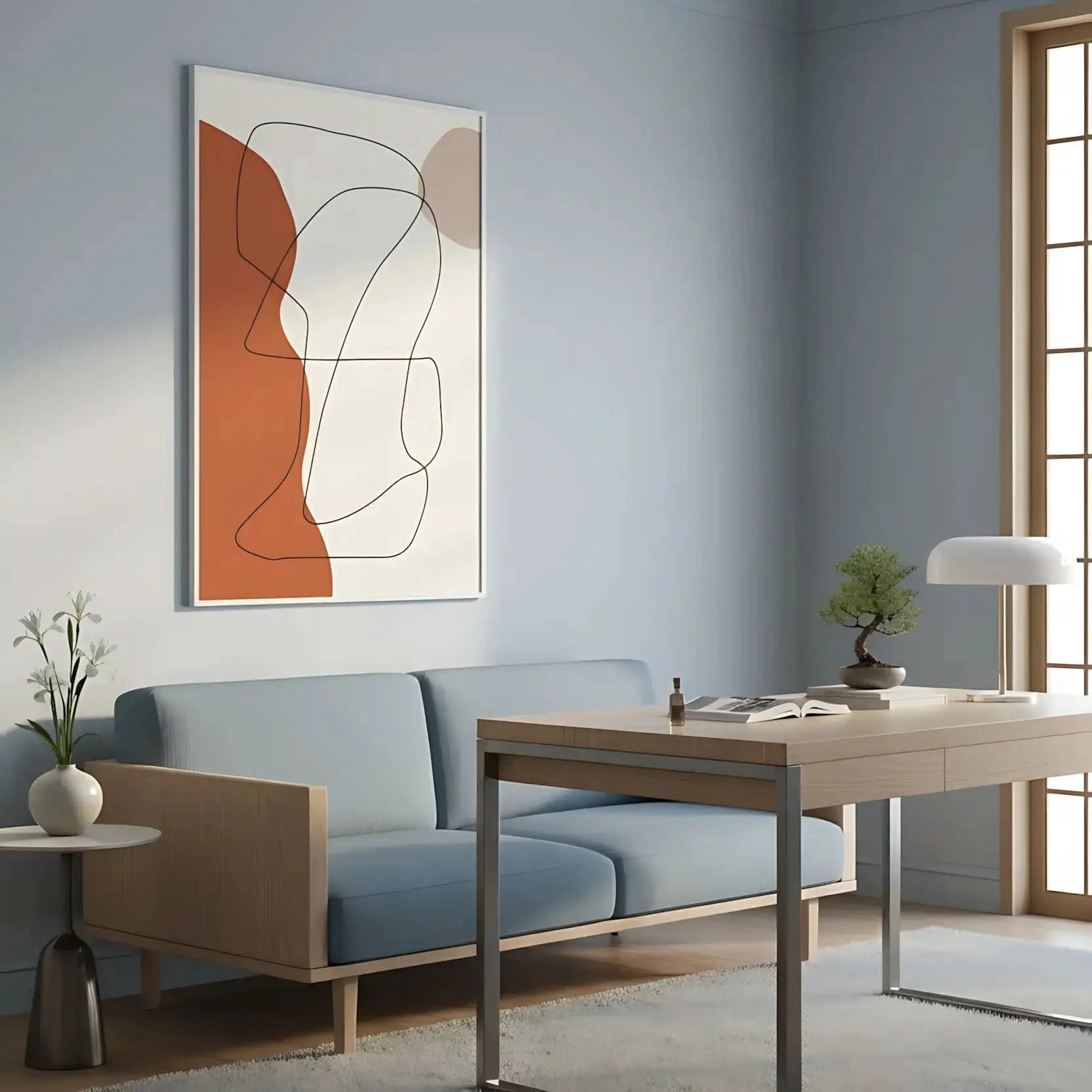 Oeuvre minimaliste avec lignes noires sinueuses et formes brunes sur fond beige, ambiance apaisante pour salon moderne.