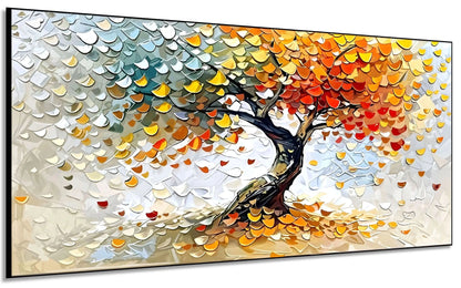 Arbre abstrait multicolore aux feuilles rouges, jaunes et vertes célébrant les saisons, pour un salon ou un bureau.