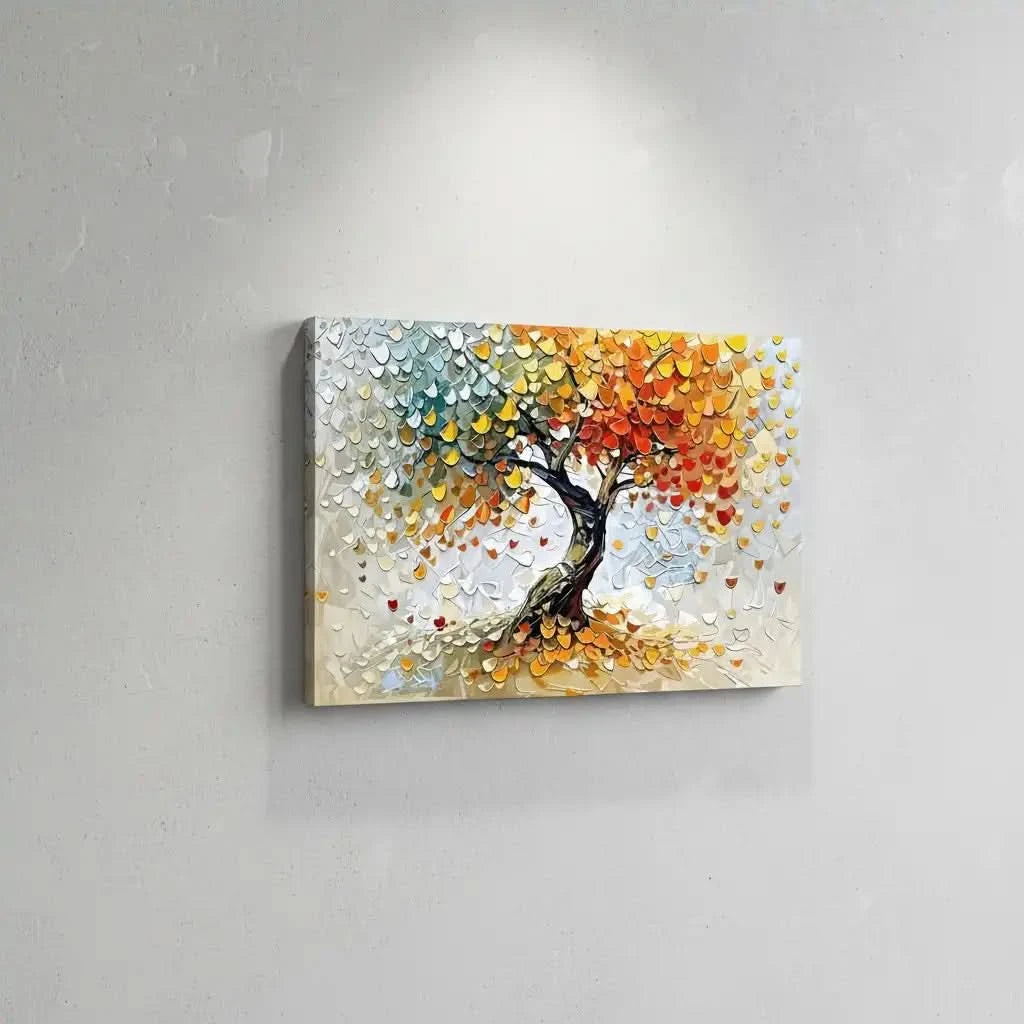 Arbre abstrait multicolore aux feuilles rouges, jaunes et vertes célébrant les saisons, pour un salon ou un bureau.