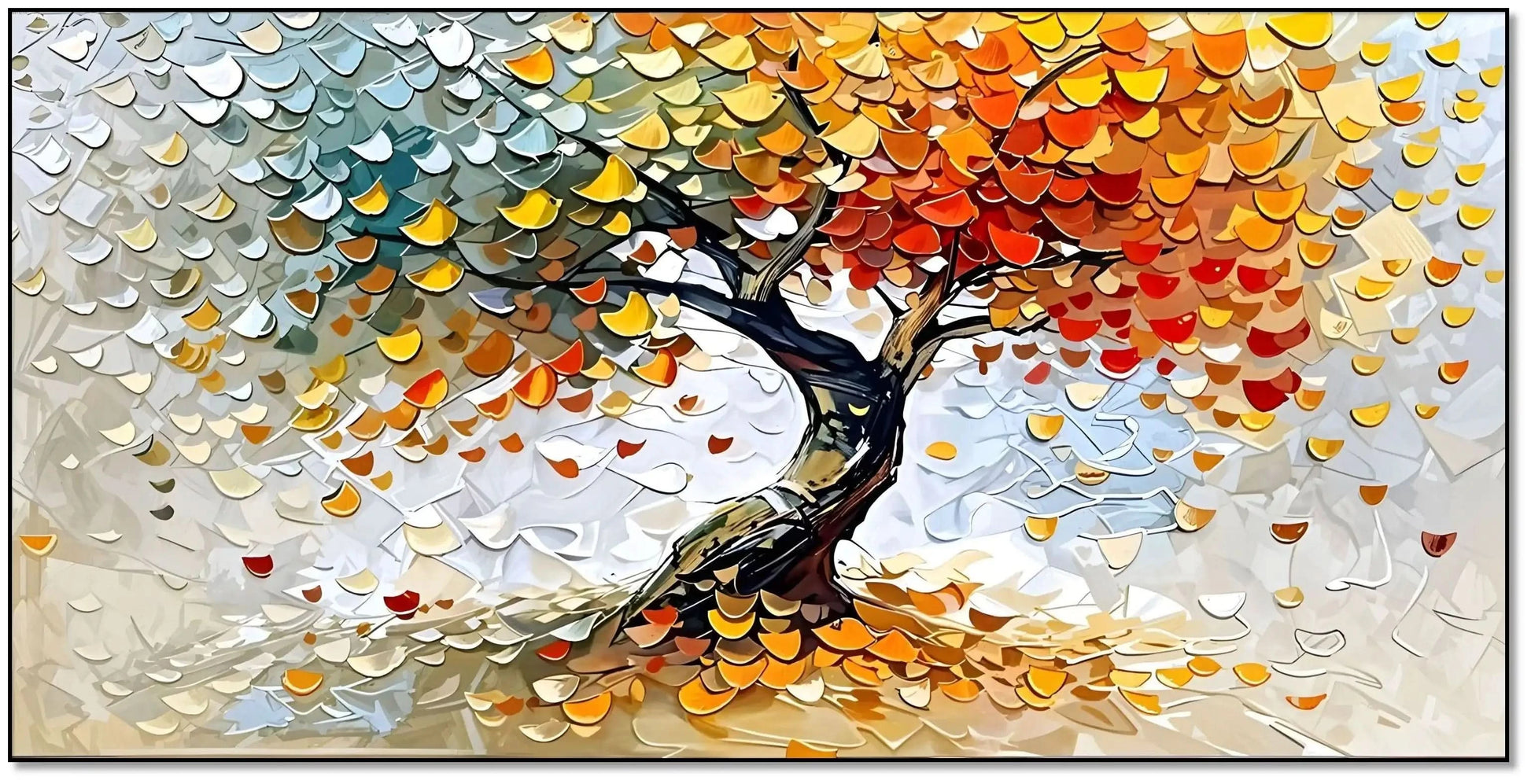 Arbre abstrait multicolore aux feuilles rouges, jaunes et vertes célébrant les saisons, pour un salon ou un bureau.