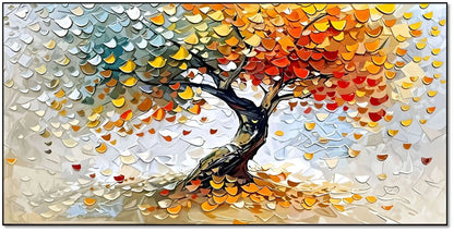 Arbre abstrait multicolore aux feuilles rouges, jaunes et vertes célébrant les saisons, pour un salon ou un bureau.