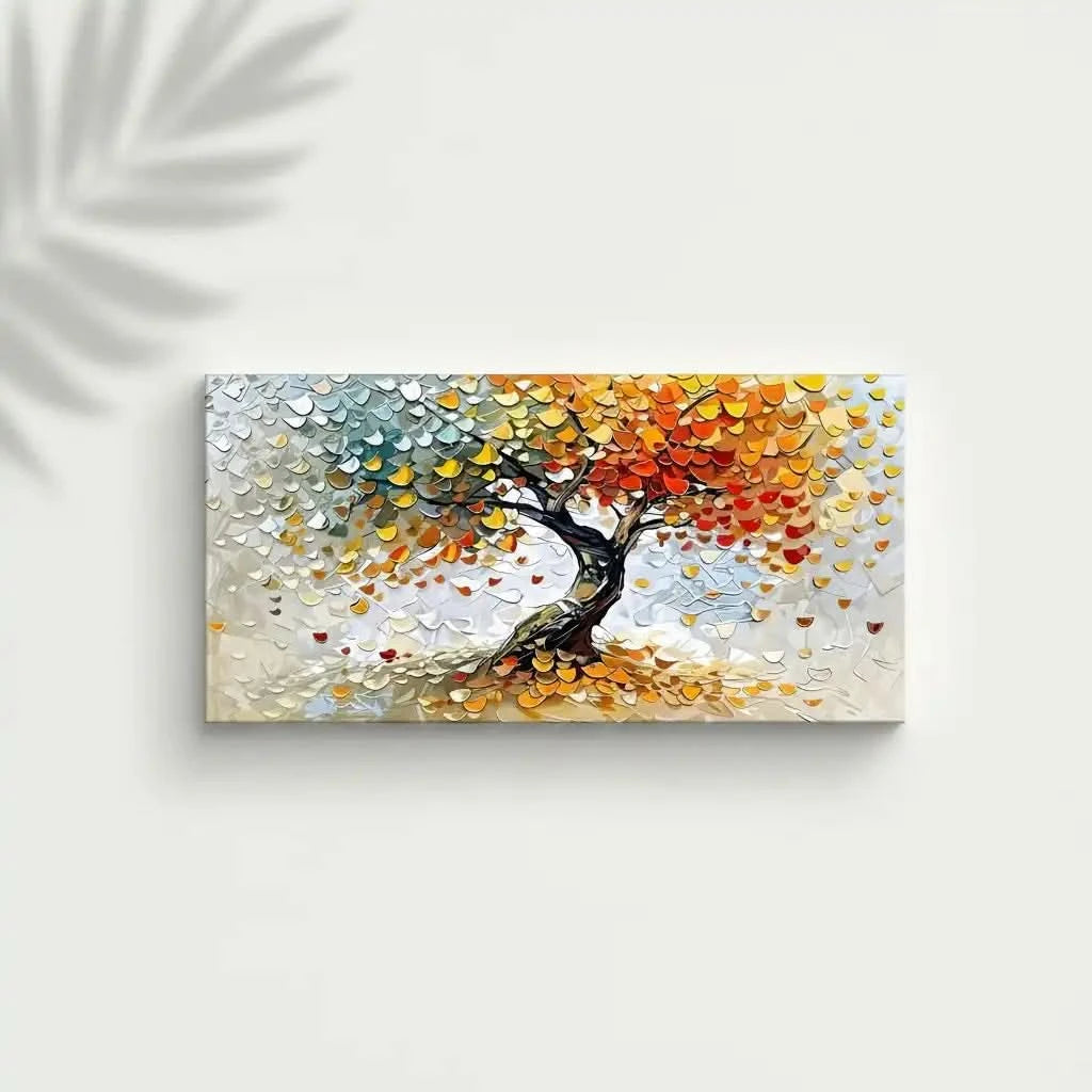 Arbre abstrait multicolore aux feuilles rouges, jaunes et vertes célébrant les saisons, pour un salon ou un bureau.