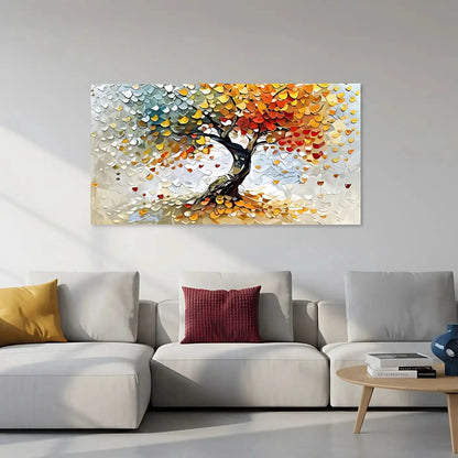 Arbre abstrait multicolore aux feuilles rouges, jaunes et vertes célébrant les saisons, pour un salon ou un bureau.