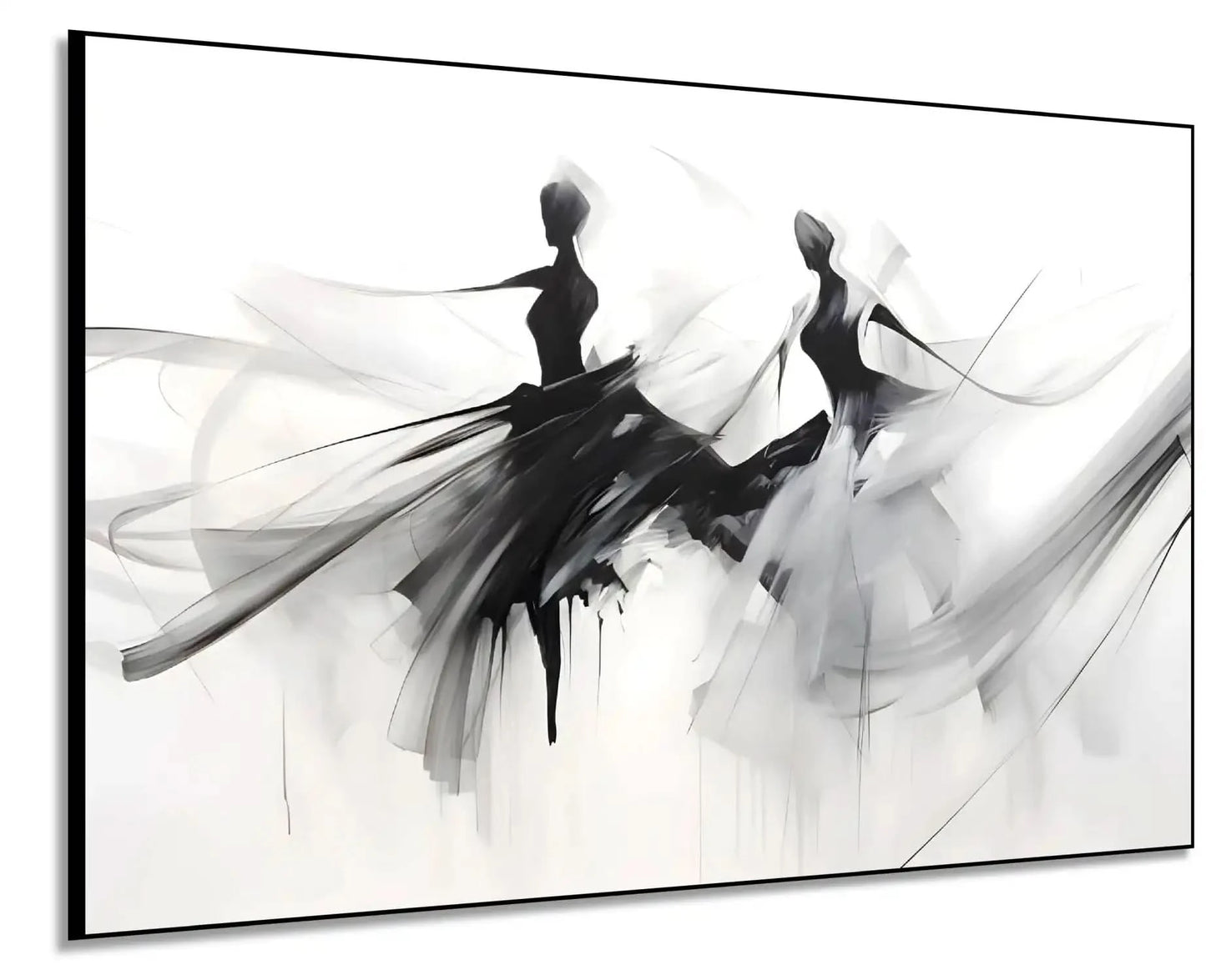 Silhouettes dansantes en noir et gris sur fond blanc, ambiance élégante et mystérieuse pour salon ou bureau moderne.