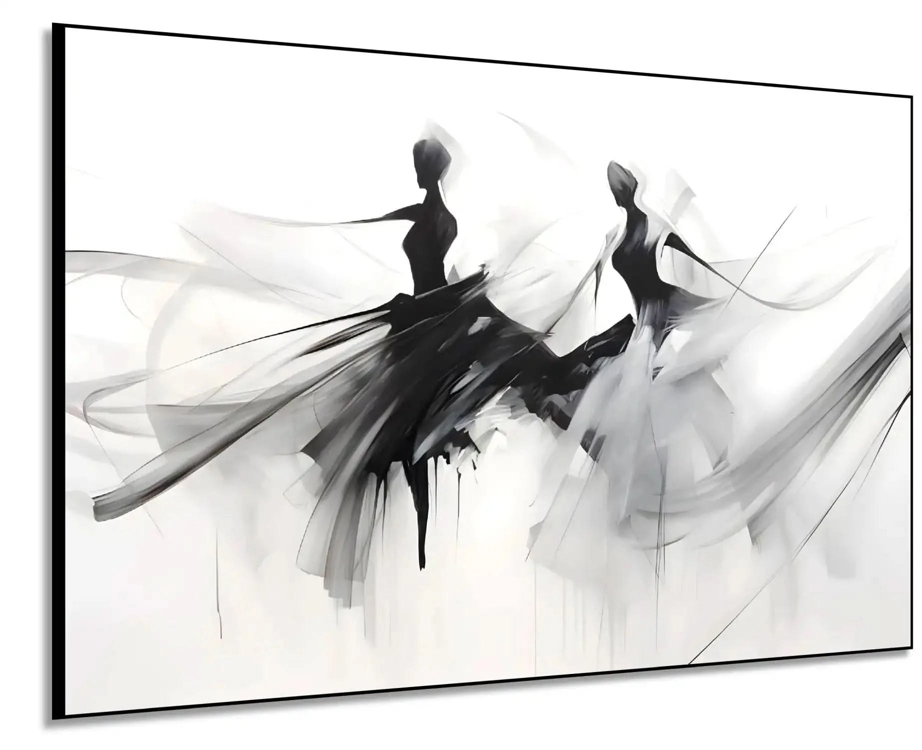 Silhouettes dansantes en noir et gris sur fond blanc, ambiance élégante et mystérieuse pour salon ou bureau moderne.