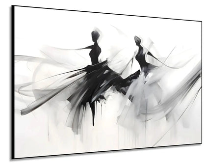 Silhouettes dansantes en noir et gris sur fond blanc, ambiance élégante et mystérieuse pour salon ou bureau moderne.
