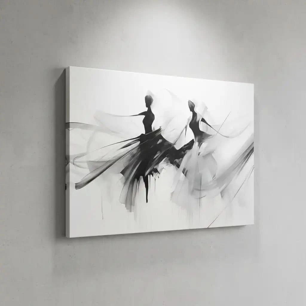 Silhouettes dansantes en noir et gris sur fond blanc, ambiance élégante et mystérieuse pour salon ou bureau moderne.