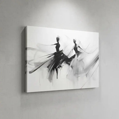 Silhouettes dansantes en noir et gris sur fond blanc, ambiance élégante et mystérieuse pour salon ou bureau moderne.