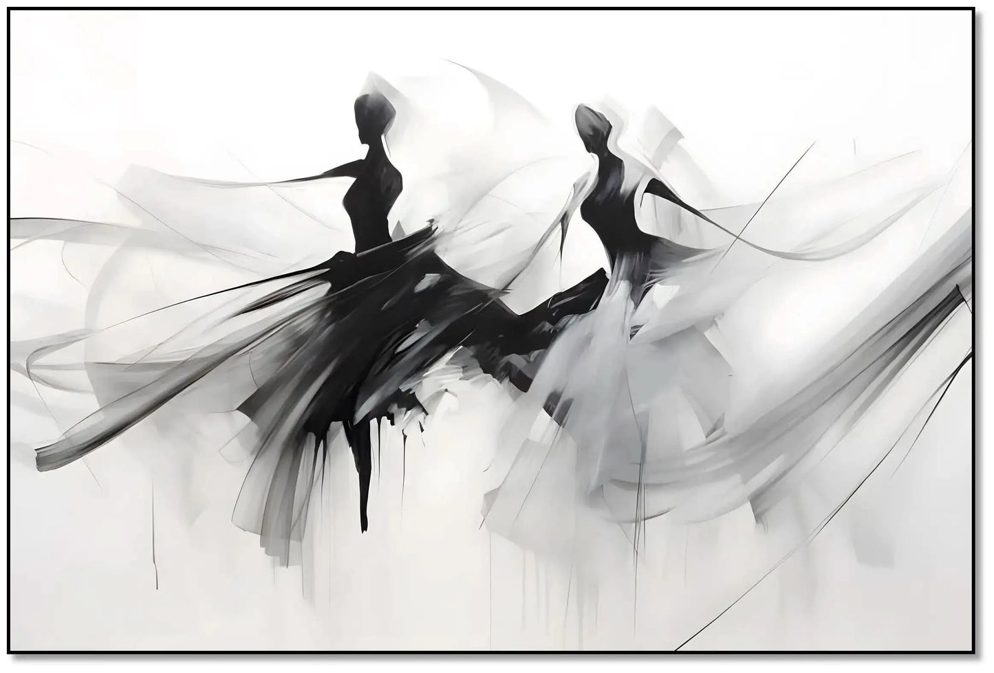 Silhouettes dansantes en noir et gris sur fond blanc, ambiance élégante et mystérieuse pour salon ou bureau moderne.