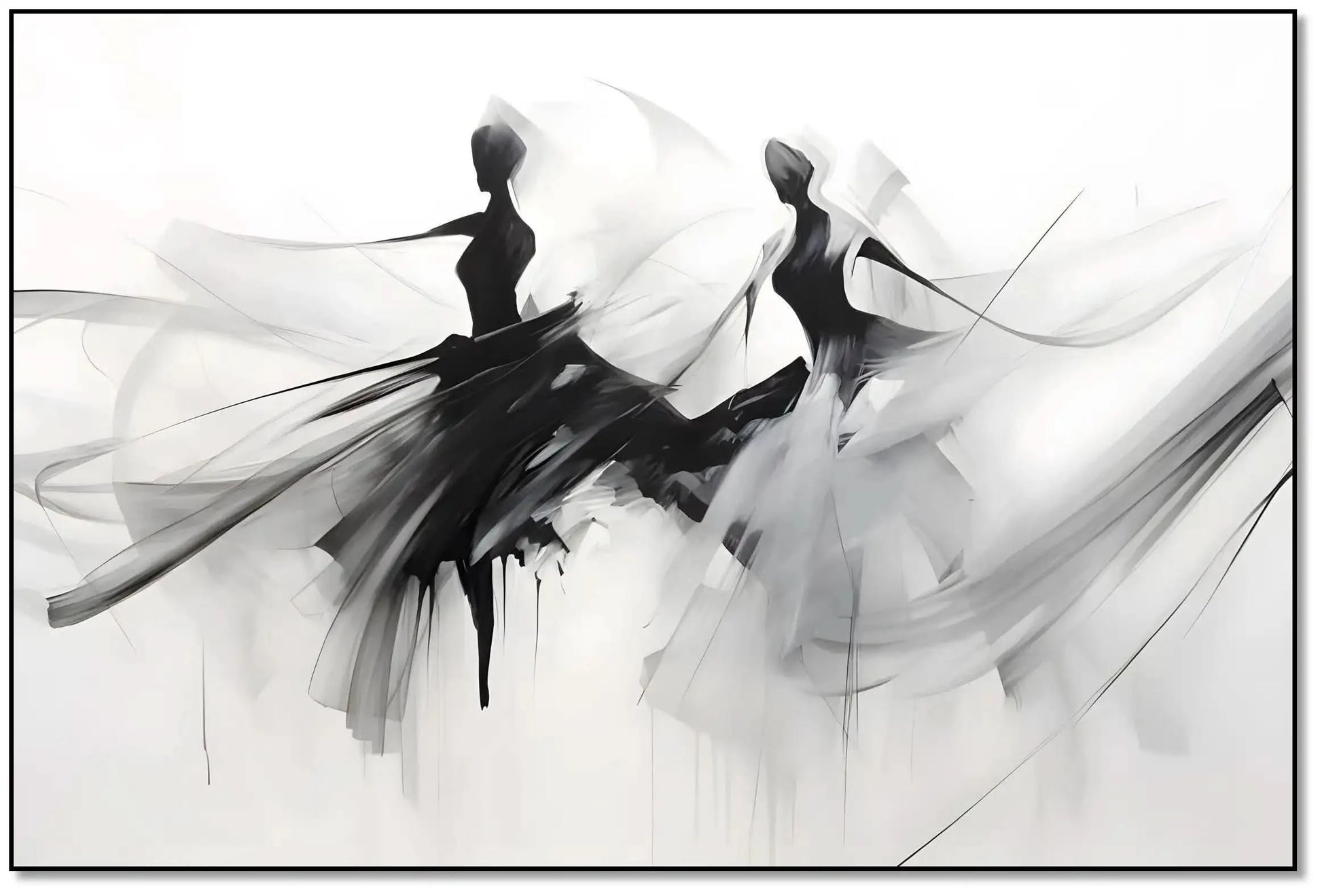 Silhouettes dansantes en noir et gris sur fond blanc, ambiance élégante et mystérieuse pour salon ou bureau moderne.