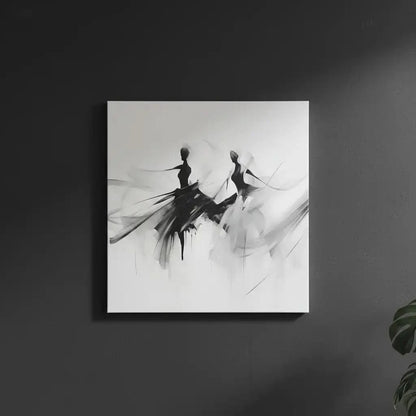 Silhouettes dansantes en noir et gris sur fond blanc, ambiance élégante et mystérieuse pour salon ou bureau moderne.